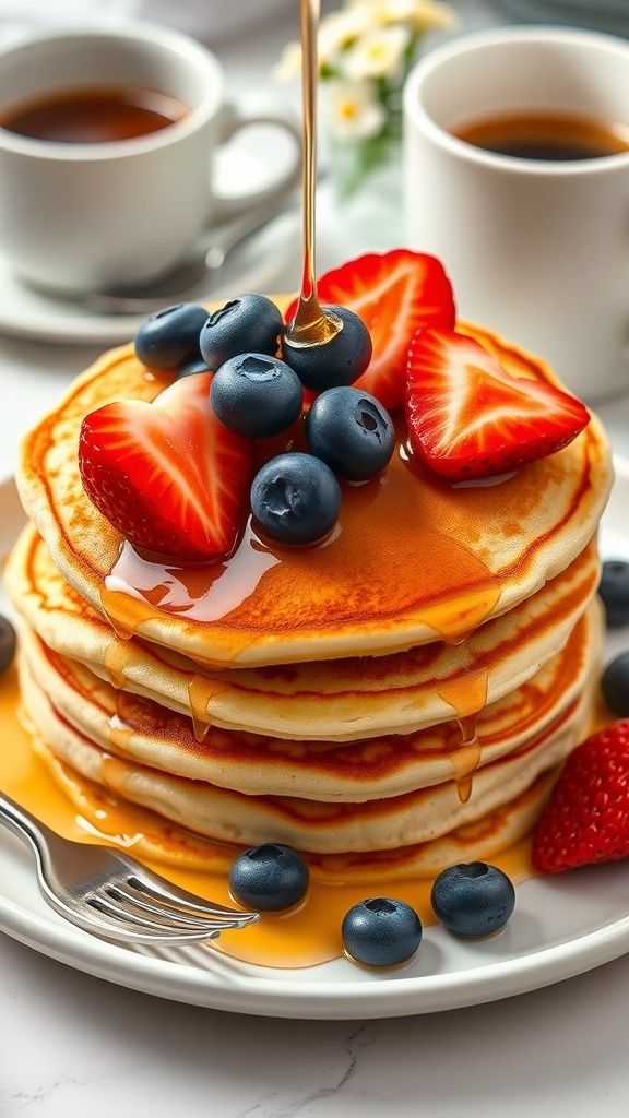 Simple Pancake Recipe A stack of fluffy pancakes with syrup and berries on a plate.